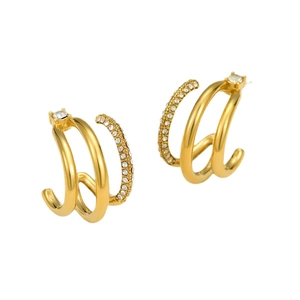 Vintage 18K gold plated stainless steel triple hoop earrings with pavé zircon crystals
