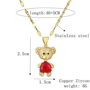 Detailed specs of stainless steel bear pendant necklace with red zircon and crystal inlay