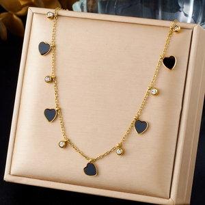 Heart Necklace Gold Plated Stainless Steel Black White Enamel Zirconia Charm Minimalist Jewelry For Women Daily Wear