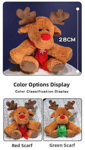 Detailed view of plush reindeer doll with festive scarf and white snowflake patterns