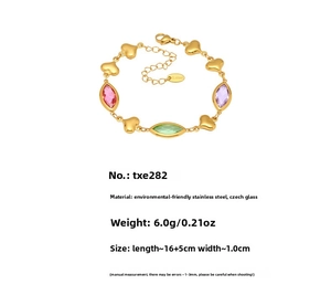 Detail of 18k gold plated heart bracelet with colorful Czech glass and dimensions