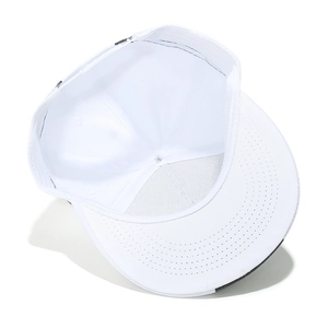 Detailed interior view of white cotton baseball cap with reinforced seams and sweatband