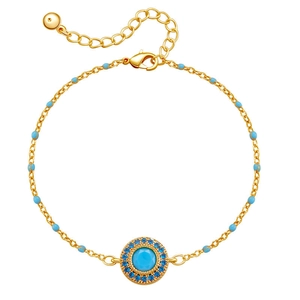 Bohemian gold plated bracelet with turquoise circle pendant and blue enamel accents