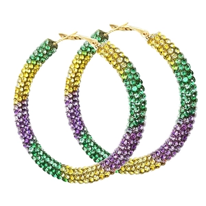 Golden round hoop earrings with yellow, green, and purple gradient rhinestones