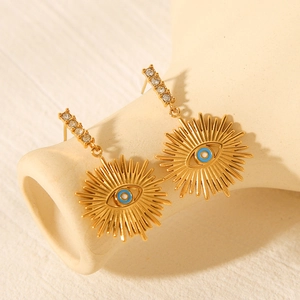18K gold plated stainless steel sunburst evil eye earrings with sparkling crystals
