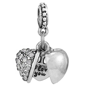 Drielaagse hartvormige bedel met I Love You gravure en heldere zirkoonstenen in S925 zilver