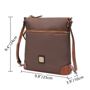 Detail view of pebbled faux leather crossbody bag with dimensions 25x24x10cm shown in profile