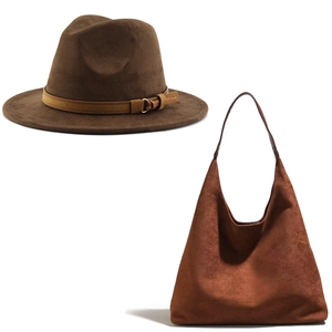 British style dark coffee suede fedora hat with matching hobo bag and belt detail set