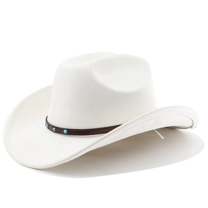 Detail of white suede western cowboy hat featuring leather band and turquoise studs