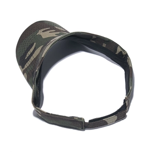 Detail view of adjustable velcro strap and camouflage print on the outdoor visor cap