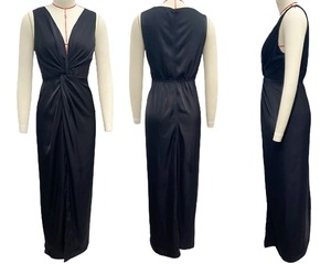 Detailed front, back and side views of black sleeveless V-neck maxi dress with twist waist