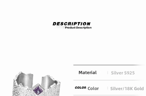 Macro detail of S925 sterling silver ring with rock texture and square purple gemstone