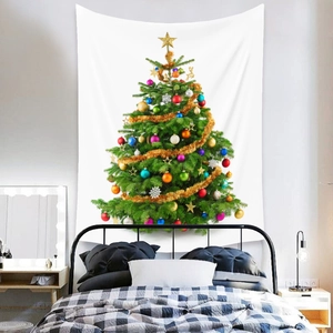 Detailed view of a Christmas tree tapestry with festive ornaments on a white background
