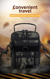 Detail view of military green camouflage tactical shoulder bag with MOLLE webbing system