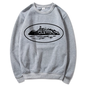 Men Crewneck Sweatshirt Fleece Lined Long Sleeve Y2k Graphic Print Island Architecture Streetwear Casual Pullover