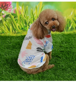 Detail of white pet sun protection hoodie with colorful abstract geometric patterns