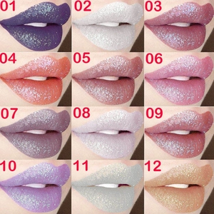 Collage van 12 glitter kameleon lipgloss tinten met sprankelend effect op lippen