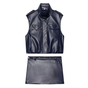 Women Faux Leather Vest And Ruched Mini Skirt Stand Collar Zip Up Cargo Style Deep Blue Streetwear Outfits