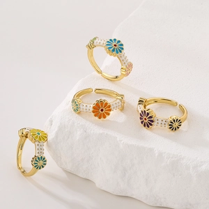 Daisy Flower Adjustable Open Ring Copper Gold Plated Enamel Drip Oil Colorful Bohemian Fashion Jewelry For Women
