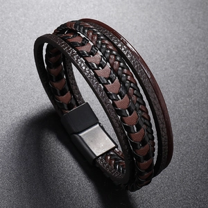 Bracelet multicouche en cuir tressé pour hommes avec fermoir magnétique noir