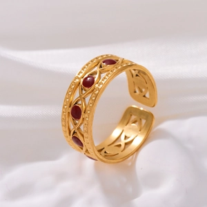 Retro Hollow Out Geometric Gold Plated Stainless Steel Rings For Women Adjustable Open Ring Enamel Inlay Jewelry