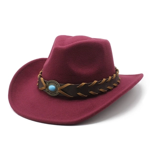 Classic burgundy western cowboy hat with brown leather band and turquoise stone accent