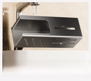 Detail of gray carbon steel bathroom organizer showing drainage holes and rustproof coating