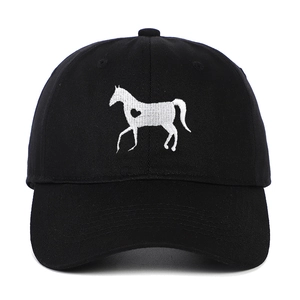Black cotton baseball cap with embroidered horse and heart pattern on white background