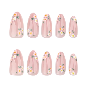 Glänzende rosa Mandel-Kunstnägel mit zarten weißen und rosa floralen Mustern