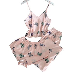 Pink satin 3-piece floral butterfly print pajama set with camisole and shorts
