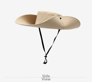 Detail view of khaki wide-brim sun hat with adjustable wind rope and ventilation eyelet
