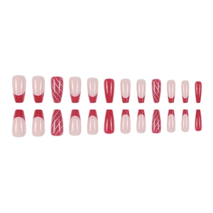 Christmas theme red and pink coffin press-on nails with snowflakes and French tips