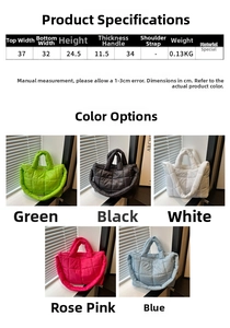 Detailed size chart and multi-color options for quilted cloud dumpling shoulder bag
