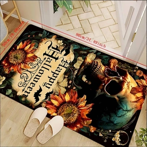 Macro view of 80x50cm rectangular Halloween bath mat with sunflower skull design