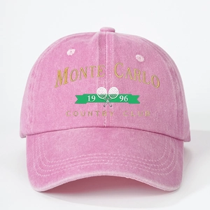 Pink washed cotton baseball cap with gold Monte Carlo Country Club tennis embroidery