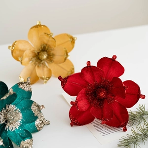 Red, gold, and green 20cm artificial magnolia flowers with gold glitter for Xmas tree
