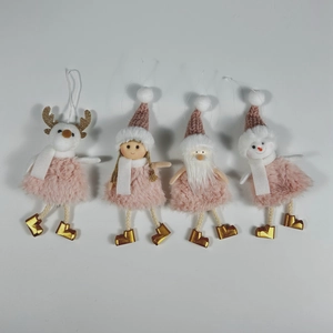 Detail of four pink and white plush Christmas ornaments including elk and Santa Claus
