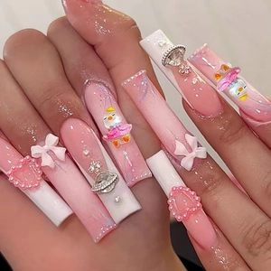 Pink and white gradient long square press-on nails with 3D duck and rhinestone charms