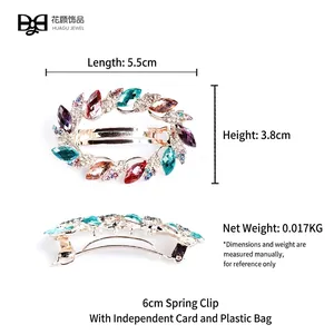 Hollow branch spring hair clip with multicolored crystals and gold-plated metal frame