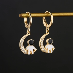 18K gold-plated moon and astronaut hoop earrings with sparkling cubic zirconia crystals