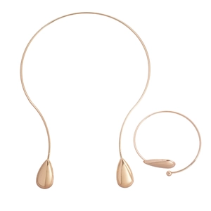 Three-piece rose gold polished metal teardrop choker and cuff bracelet jewelry set