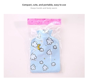 Detail of light blue cartoon water bag with moon and stars in clear packaging