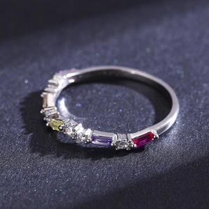 Polished S925 sterling silver rainbow ring with colorful zircon stones in a row
