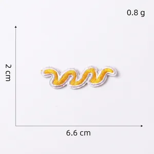 Detail of yellow and white wave embroidery patch showing 6.6cm x 2cm size and 0.8g weight