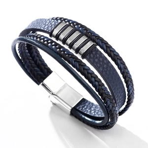Bracciale multistrato da uomo in pelle intrecciata blu scuro con chiusura magnetica in metallo