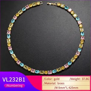 Colorful zircon necklace in gold-plated brass with vibrant square gemstones, 425mm length