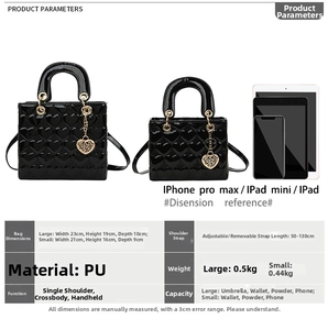 Detailed dimensions and parameters for black heart quilted handbag with strap