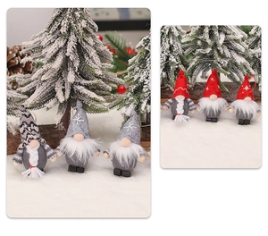 Detailed view of handmade Christmas gnome hanging ornaments with knitted hats and faux fur beards