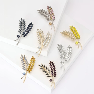 Elegant Alloy Leaf Wheat Ear Brooch For Women Exquisite Rhinestone Inlaid Corsage Fashion Jewelry Clothing Accessories