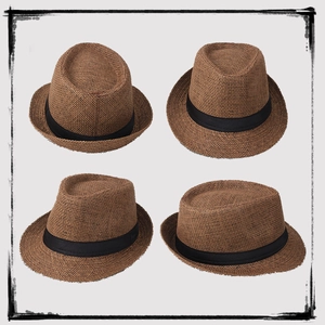 Brown breathable linen fedora hat with black ribbon shown from four different angles
